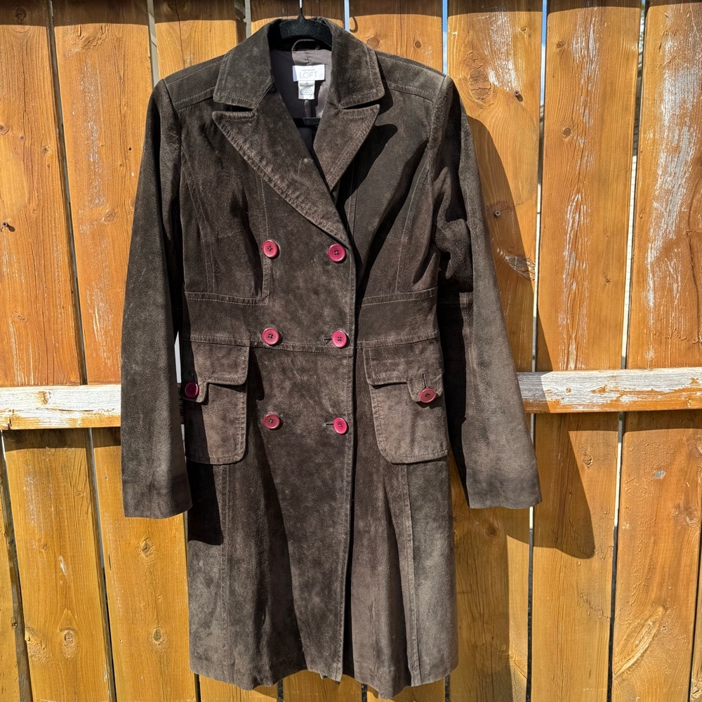 LOFT Dark Brown Trench Coat with Pink Buttons